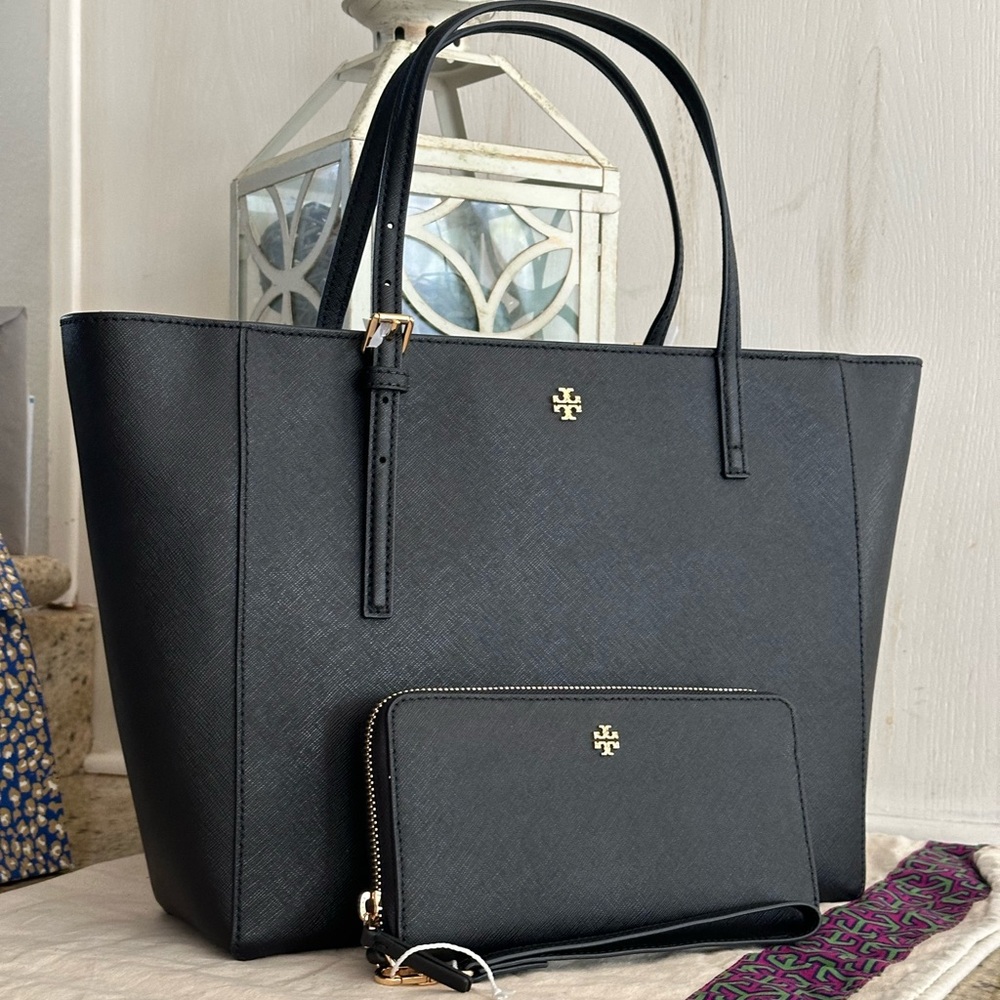 NWT🖤 tory burch emerson tote & matching TB Emerson continental wallet black - Picture 1 of 13